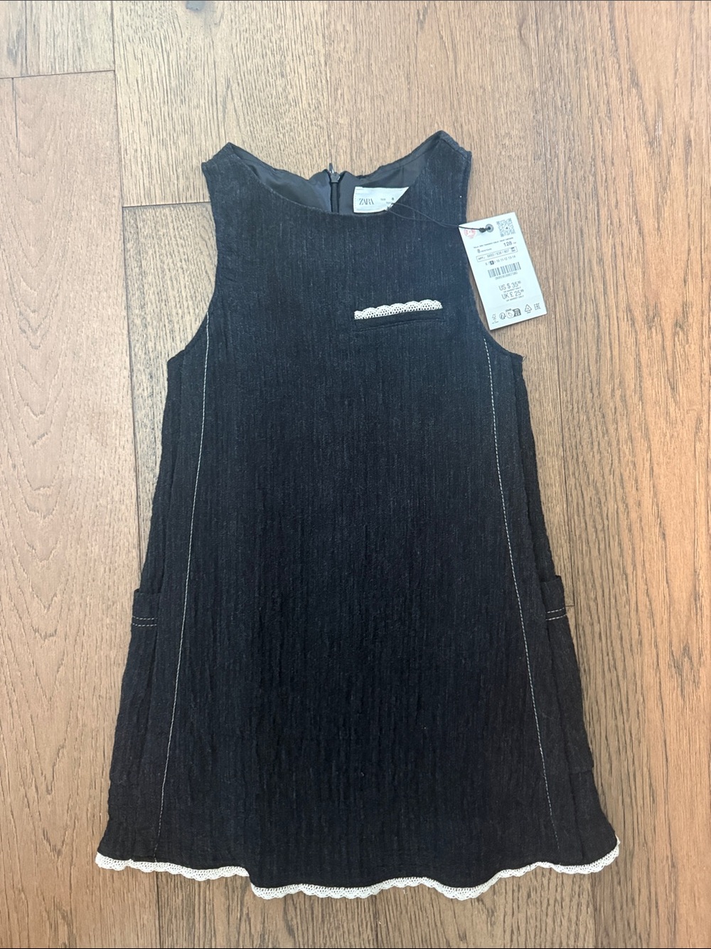 **NWT** Girls Zara Black Sleeveless Dress with White Lace Trim